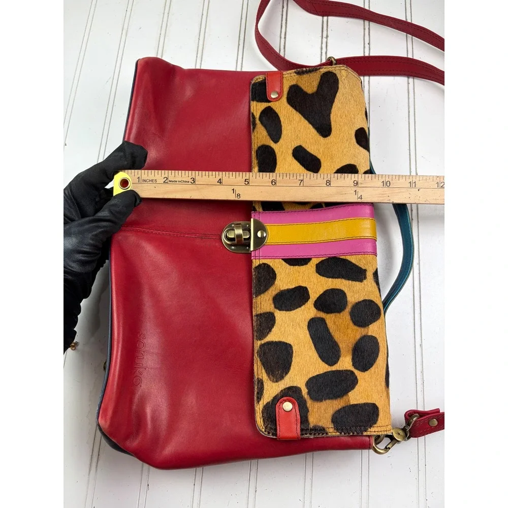 Soruka Oreleans Vintage Y2K Red Leather Leopard Print Crossbody Satchel Bag $170